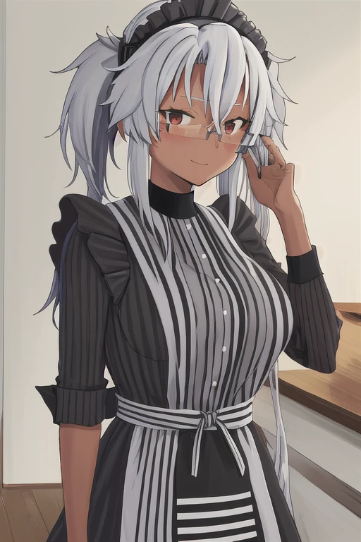 Best Quality, masterpiece,  high definition, Alone, {Musashi_Kantai Collection:1.15}, dark-skinned_woman, dark_skin, Glasses, length_hair, hair_between_eye, chest, big_chest, white_hair,  twin tails, brown_eye, smile, red_eye, ,  semi-rimless_Glasses, black_nail, gray_hair,  1 girl, alternine_ costume, apron, dined, dress, enMaided, green_dress, Maid, Maid_headdress,  stripes,  stripes_dress, vertical- stripes_dress,  staring _in_ viewers, short_sleeves, vertical_stripes, very_length_hair, brown_apron, brown_dress, gray-framed_Glasses, ふくらんinいる_short_sleeves, rectangle_Glasses,  upper _body