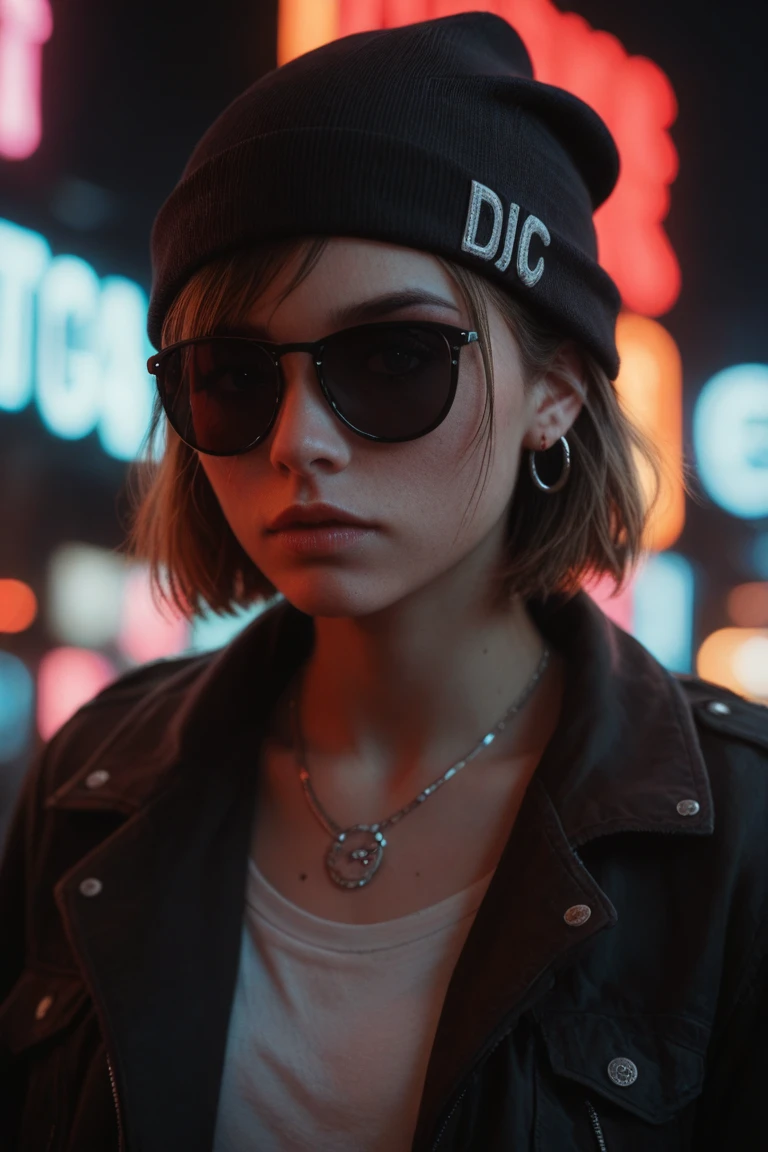 Face close up, alternative girl, watching over black sunglasses, jacket, necklace, neon light reflections on skin, ear ring, makeup, skin imperfection, short hair, beanie, neon lights background, low light, depth of field, highly detailed, high contrast, film grain, Rim Lighting, Long Exposure, DSLR