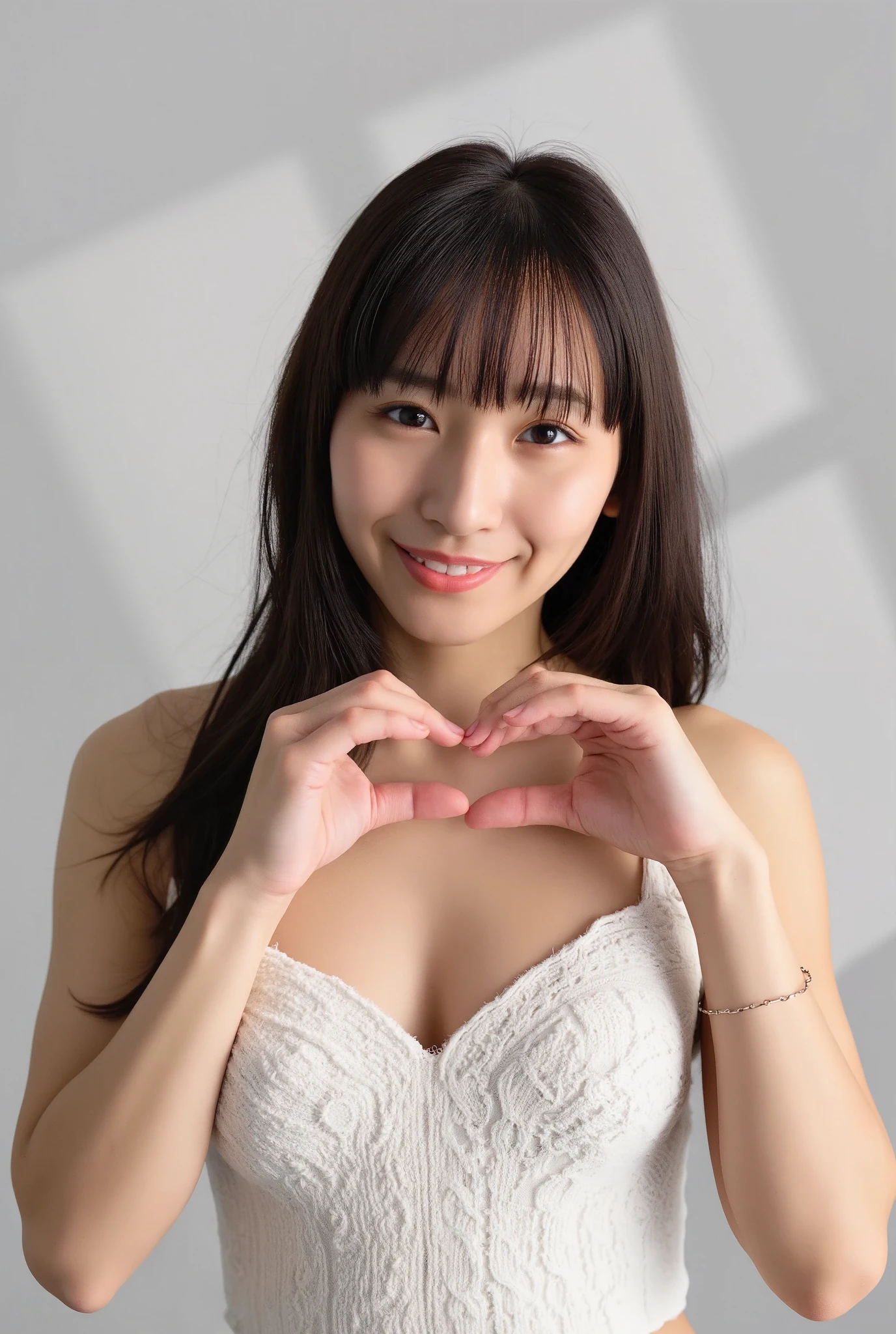 She is in a pose wearing a sexy camisole, making a firm big heart shape with both hands, and holding it in front of her chest, Cute smile up、Monotone background

