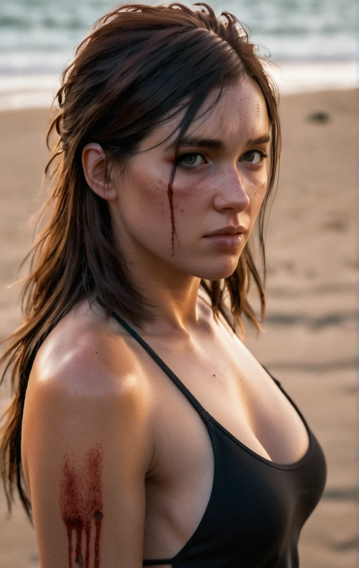 photo of ohxw, ellie, tattoo on left arm, woman, black jeans, close up, , long length hair, face details, low key lighting, blood on her face. Sexy face. Swimsuit at the beach