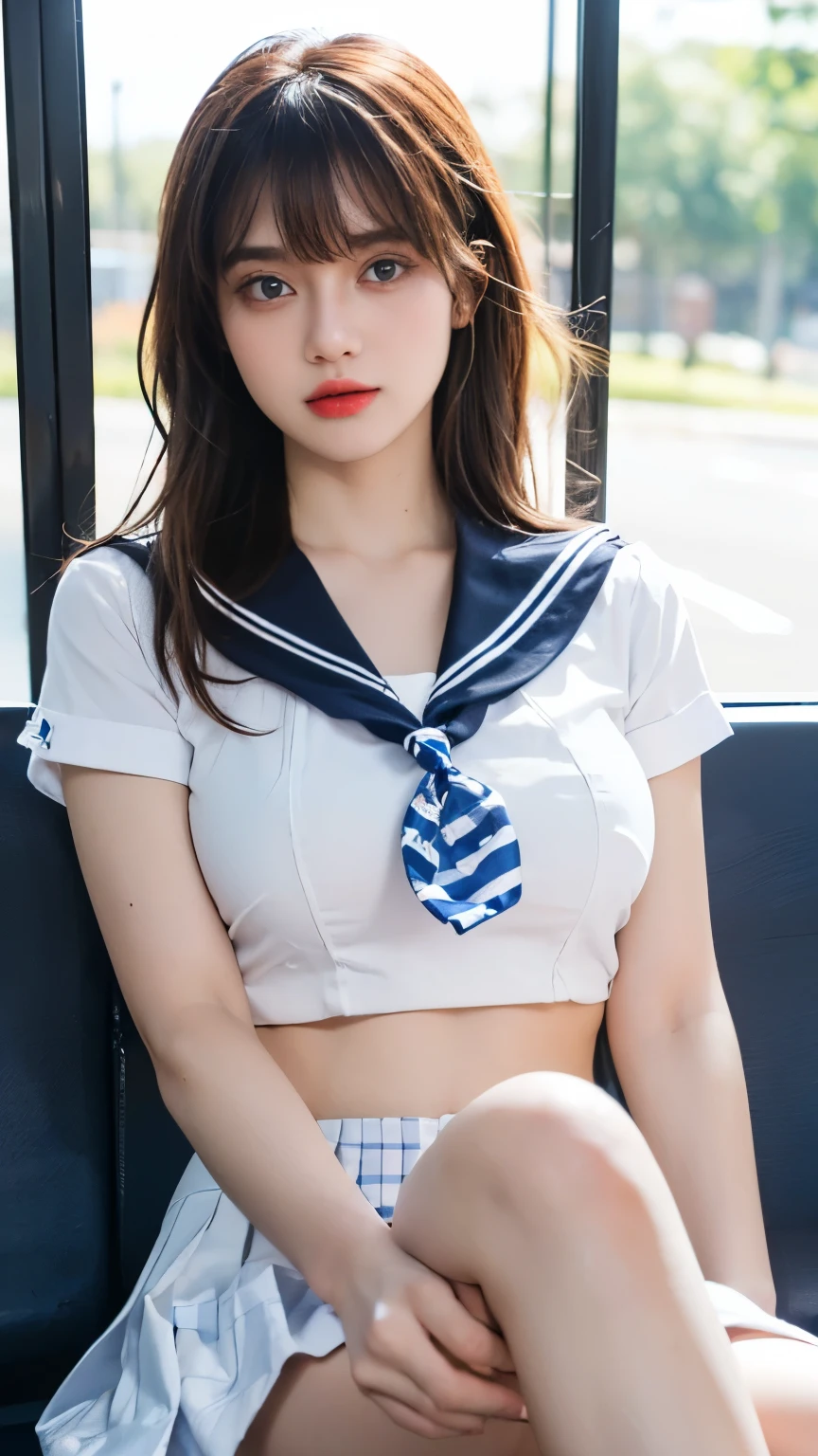 (highest quality:1.4), (hyper quality), (super detailed), 1 beautiful girl, So cute, wonderful face and eyes, esotropia, (Her hair is golden and braided:1.2), My eyes are looking somewhere else, (Short-sleeved sailor uniform made of white and thin fabric, Pleated micro miniskirt with blue gingham check:1.5), (huge breasts:1.3), (slender body:1.1), (skinny thin legs), (Very thin waist), belly button, realistic skin texture, Transparent white skin, (bangs:1.3), bright and glossy lips, Beautiful goddess descends, beautiful background, golden ratio, conceptual art, Super detailed, Accurate, advanced details, Sitting with your legs straight out in front of you on the bus, sexy art, Surrounded by the summer sunshine, bright light, Super delicate illustration details, 8K wallpaper that integrates high-definition CG, RAW photo, professional photos, cinematic lighting, written boundary depth, (No bra in uniform:1.3), (You can see the shape of the nipple protrusions through the uniform.:1.2), (The nipple protrusions lift the uniform:1.2), (Her big breasts make her uniform stretch out:1.2), I&#39;m massaging my chest and getting stuffy, Cropped tops with fluttering hems:1.3, I can see the beginnings of cleavage:1.2, (High heels on bare feet)