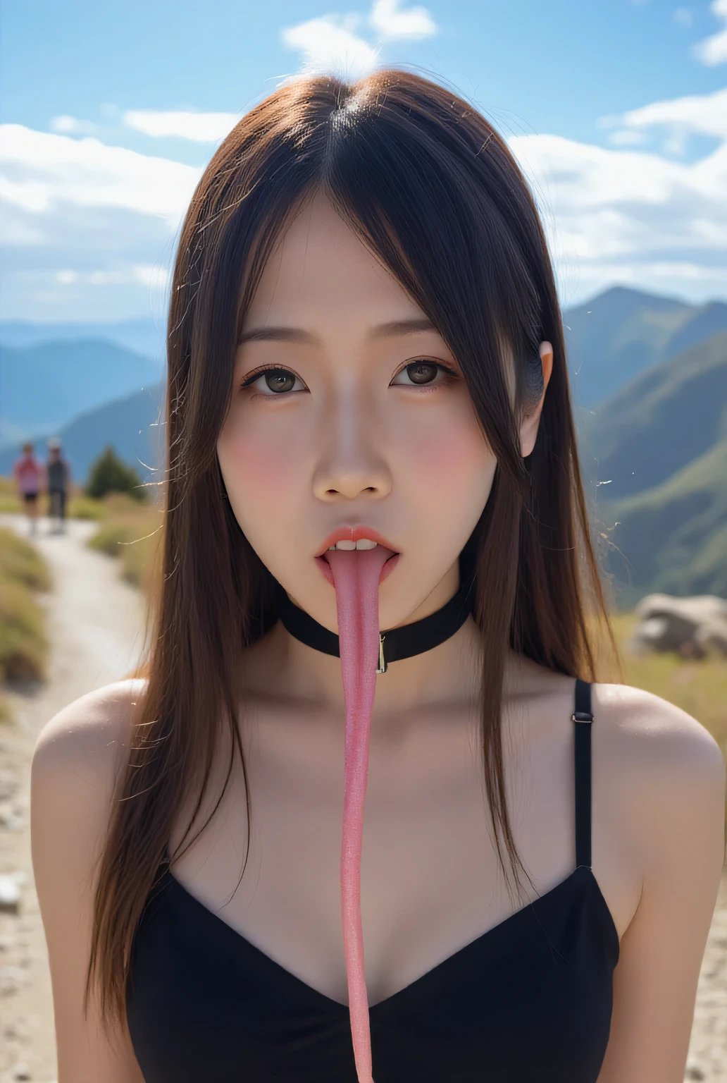 (8k、born、professional、Best Quality、masterpiece:1.2)、photograph、SF, Surreal、(Genuine、 photorealistic:1.37)、Super detailed、(Portrait of an 18歳 woman)、 opens her mouth、 sticks out a very long tongue、The tongue stretches like a tentacle 、The tip of the tentacle is the glans、Tentacle arms、Do you twinkle with your tentacles(shirt、 miniskirt in length)),  big breasts at the temple, (( Layered Haircuts )), Slender body, Slim face，Shooting from a medium distance, Adorable， smile， long brown hair，(( black choker))、 Almond Eye、bangs、  very thick and long eyelashes ,  perfect makeup , Mountain trail, blue sky，Mountain Hiking Trail 