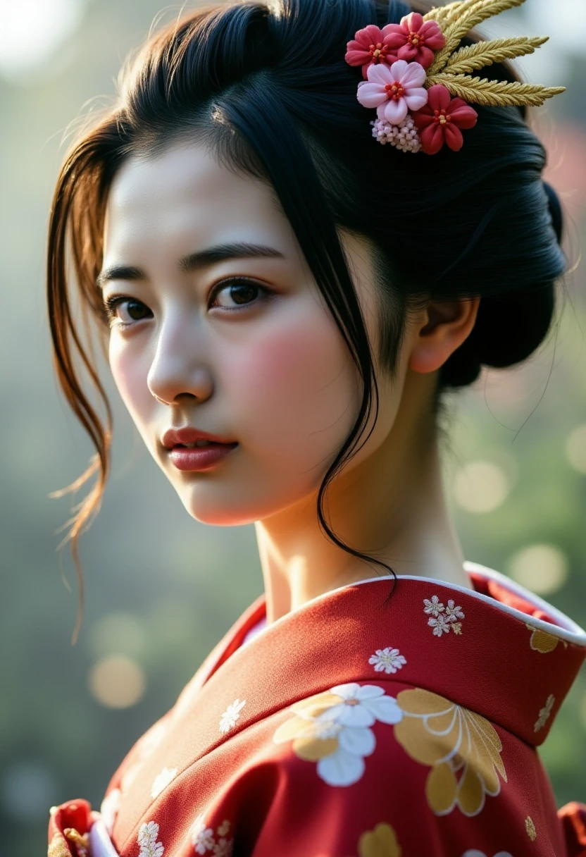 Close-up portrait of a beautiful Geisha, Geisha hair style, intricate kimono, misty, ethereal, fantasy, hyperdetailed.