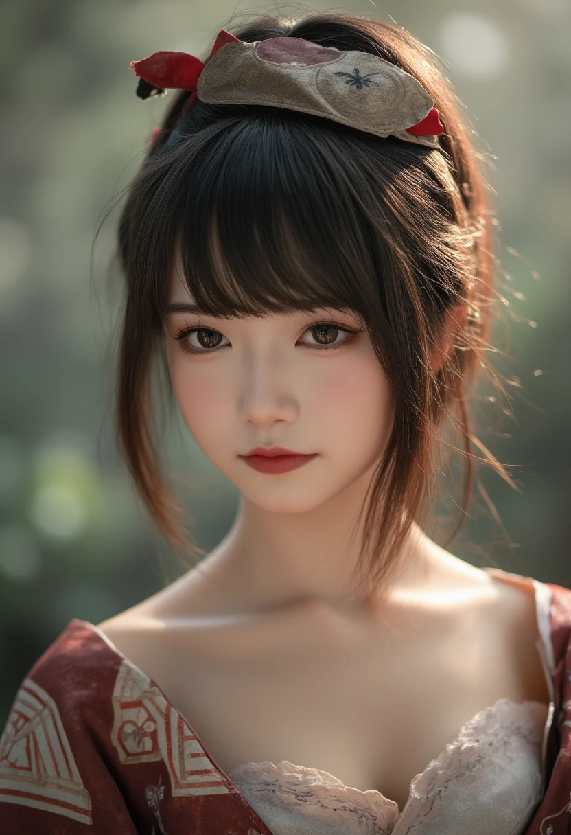 Close-up portrait of a beautiful Geisha, Geisha hair style, intricate kimono, misty, ethereal, fantasy, hyperdetailed.