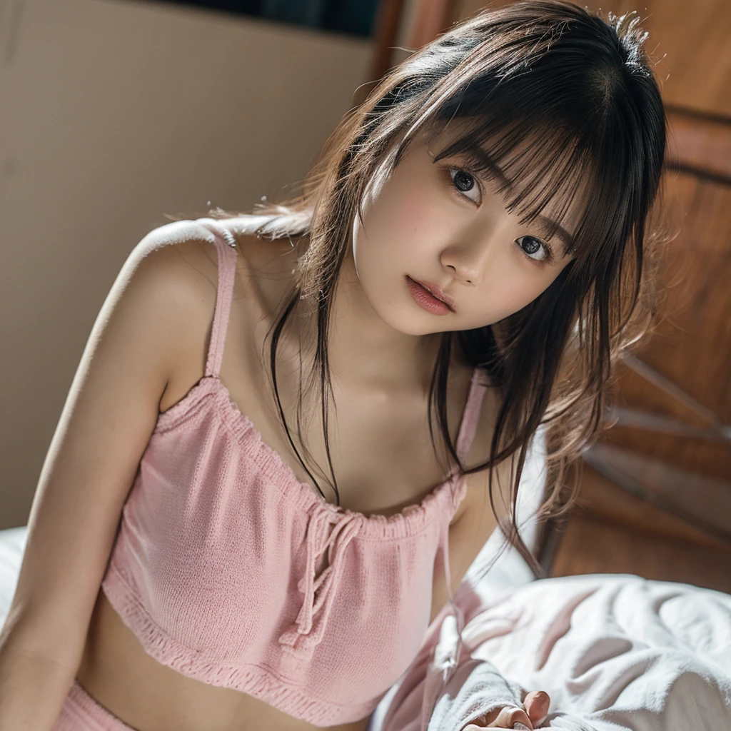  high definition,  textured skin around the chest,  girl, 20 years old, Height: 153cm, ((Big Breasts,round face)), photograph, ((outcrop)), ((Busty, chestの谷間, chest,  sexy)),  cute, night ,  ponytail hair ,  seductive face , bed,  sexy, Wet hair, Nipples, bedルーム, Pink underwear, Baby Face