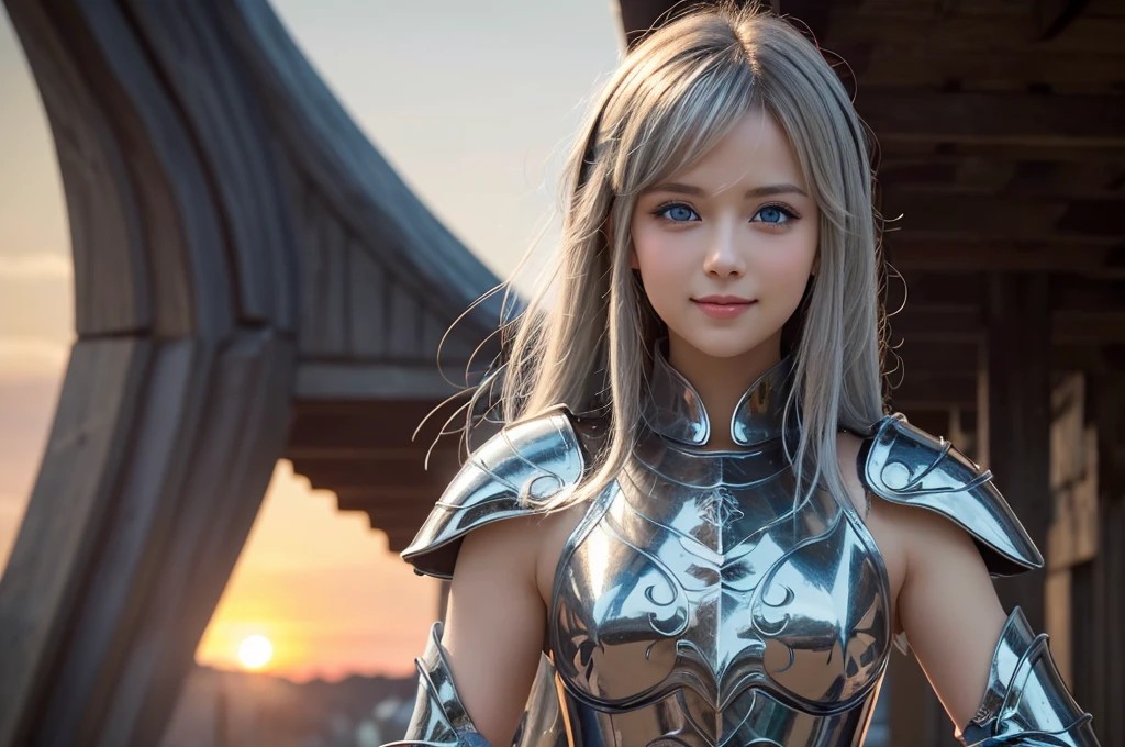 
((masterpiece)), ((best quality)), (ultra-detailed), ((kawaii)), cute, (lovely), ((extremely detailed)), 4K, (8K), best quality, (beautiful), illustration, brave female, warrior in medieval armor, standing on a battlefield, a sword in hand and a shield by her side, a dramatic sunset in the background, light smile, blush, (beautiful gray hair), (beautiful hair), beautiful blue eyes, (beautiful eyes),