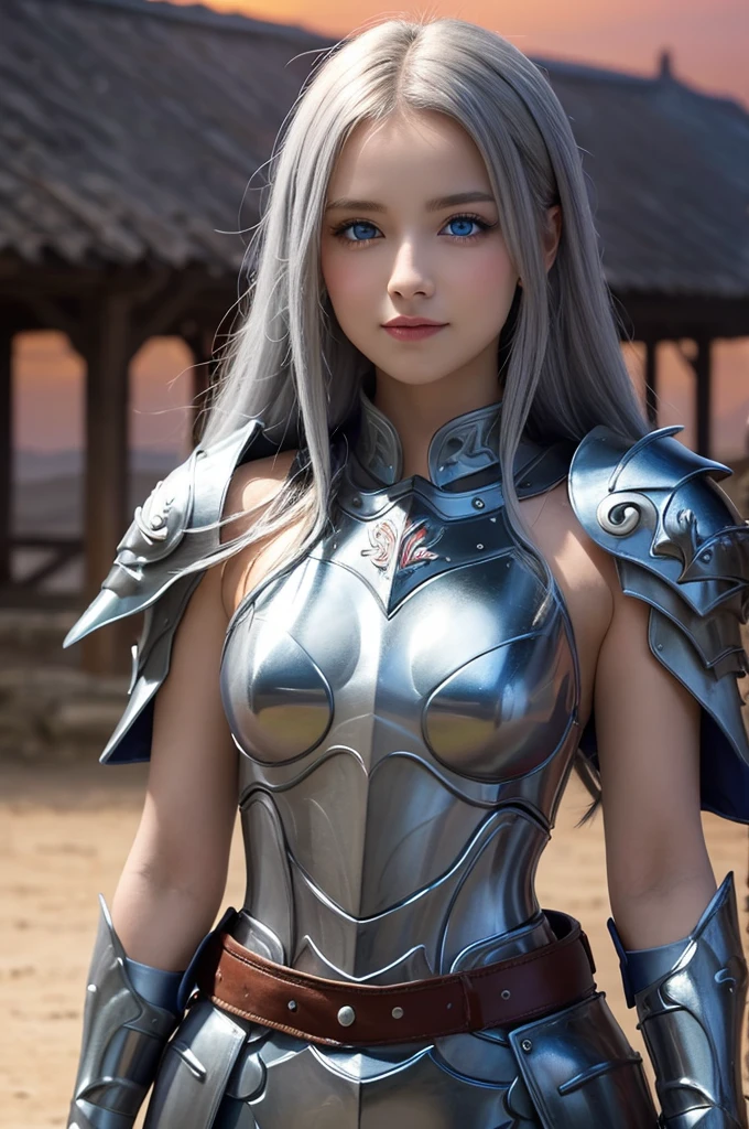 
((masterpiece)), ((best quality)), (ultra-detailed), ((kawaii)), cute, (lovely), ((extremely detailed)), 4K, (8K), best quality, (beautiful), illustration, brave female, warrior in medieval armor, standing on a battlefield, a sword in hand and a shield by her side, a dramatic sunset in the background, light smile, blush, (beautiful gray hair), (beautiful hair), beautiful blue eyes, (beautiful eyes),