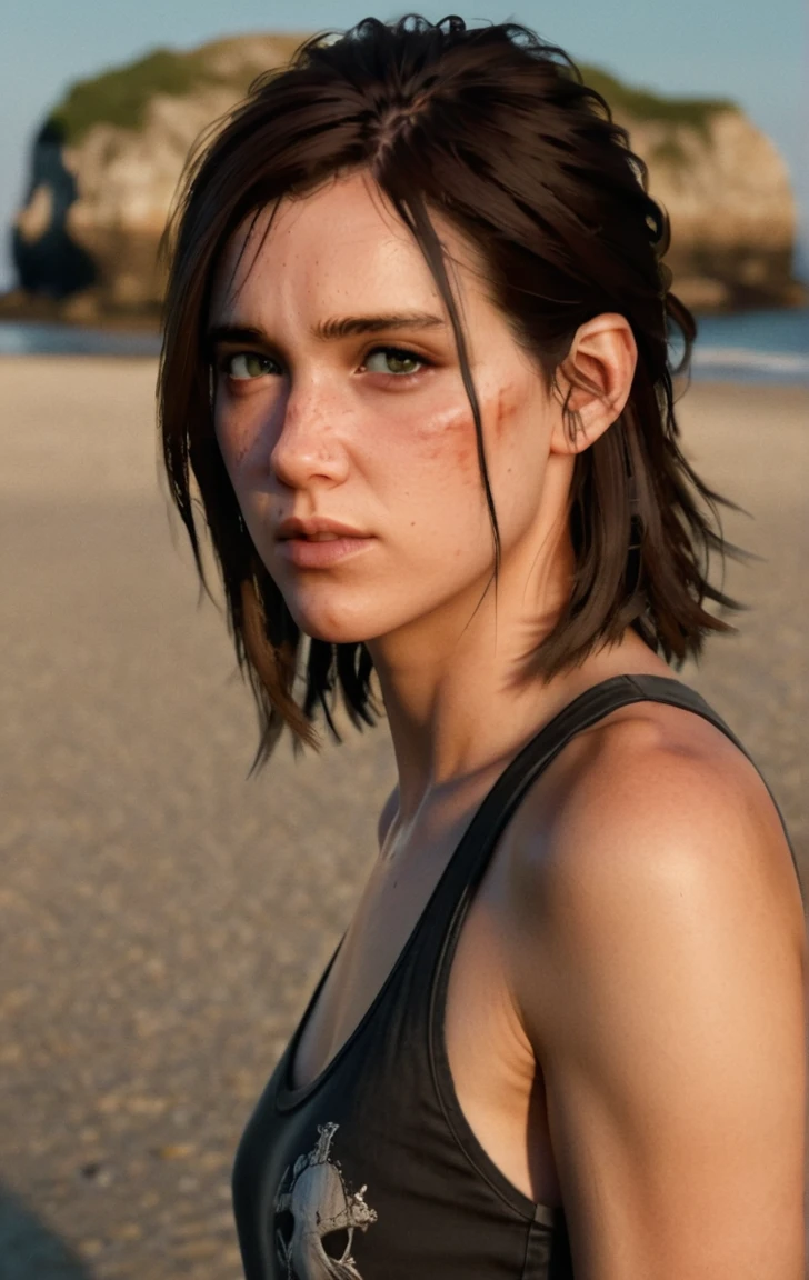 photo of ohxw, ellie, tattoo on left arm, woman, black jeans, close up, , meduim length hair, face details, low key lighting, blood on her face. Sexy face. Tank top black .at the beach