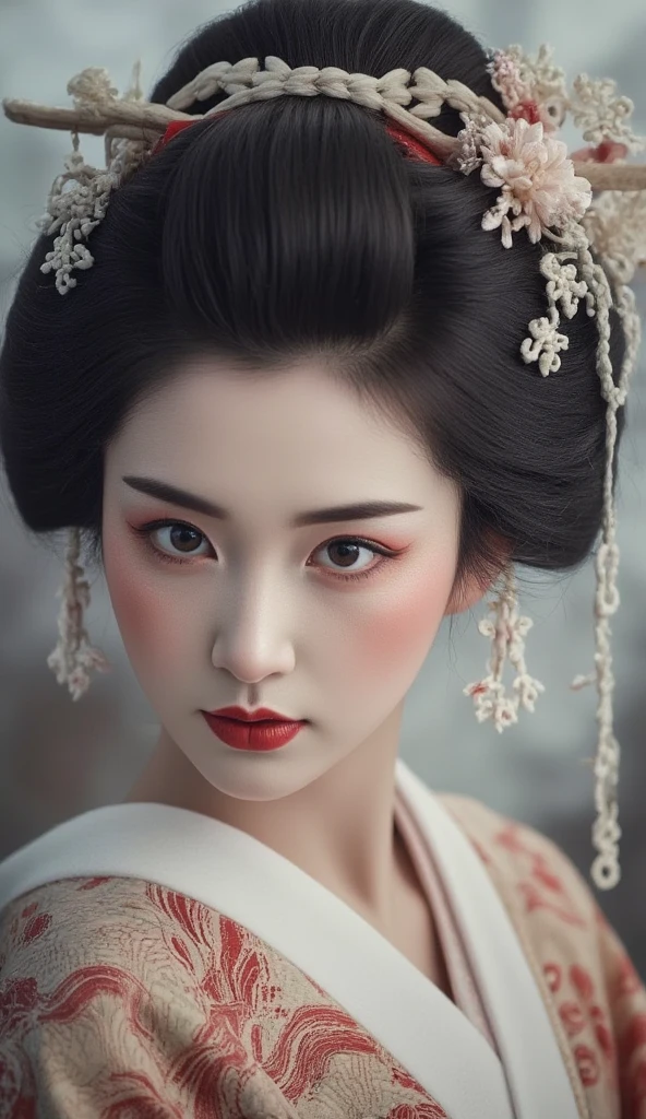 Close-up portrait of a beautiful Geisha, Geisha hair style, intricate kimono, misty, ethereal, fantasy, hyperdetailed.