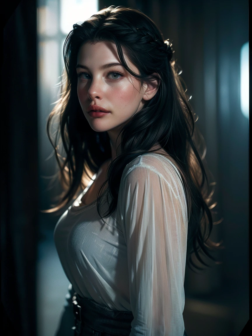 (((ultra realistic))) ((young Liv Tyler)), halfbody portrait, masterpiece, top quality, (pale skin), (Ultra detailed face and eyes:1.2), Bright eyes, Dark background, (Eye makeup, mascara) , ((dark wavy hair)) , ((Stylish hairstyle)), (A slight smile), ((standing)), (Contour lighting), (The play of light and shadows), depth of field, bokeh, (special attention to skin detail: 1.2), Detailed leather texture, skin pores, ((Dark and gloomy atmosphere of the frame. color scheme - black, Gray, Ashen, blue tones)), ((Film grain, VHS effect)), ((rays)) , ((look to the viewer)) , ultra detialed, white t-shirt, blue jeans pants, dark night scene, tattooed, fullbody portrait