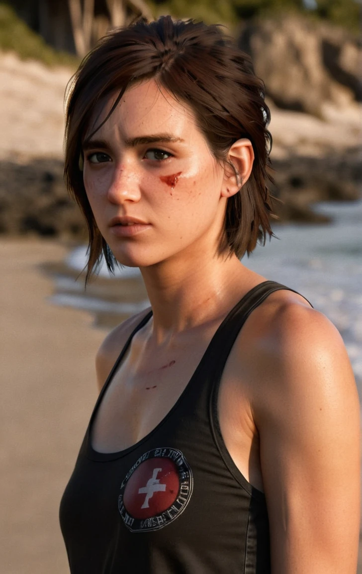 photo of ohxw, ellie, tattoo on left arm, woman, black jeans, close up, , short length hair, face details, low key lighting, blood on her face. Sexy face. Racerback Tank top black .at the beach