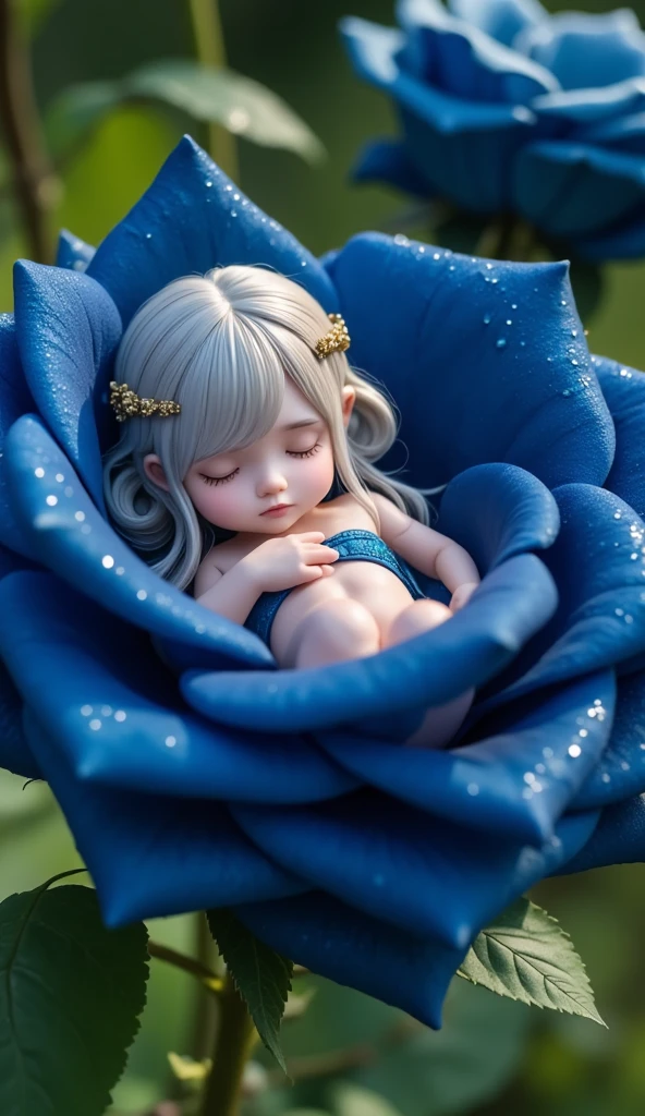  Highly Detailed Dark Blue Rose、 A fairy is sleeping inside a rose flower、(((A fairy in perfect microcosm 、 pay attention to the size of the fairy )))、((( perfect anatomy、  fairy、Cute sleeping face、The Fairy Who Sleeps Round 、 hair with braids、cute petal clothes:1.5、Full body angle:1.37)))、Mysterious、Morning Dew、