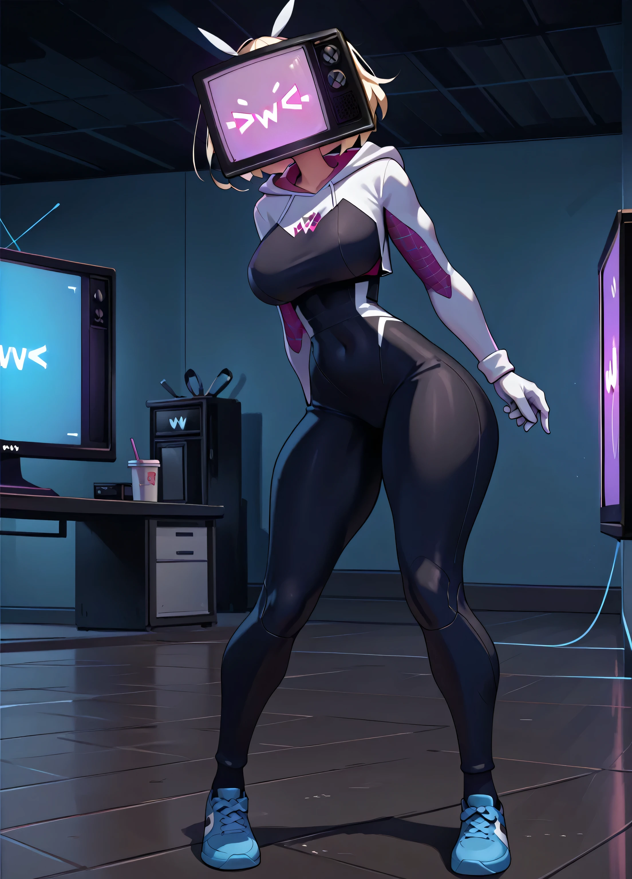 ((masterpiece, best quality)), (8k, best quality), (((best quality))), 1girl, full body, humanoid Tv woman, TV head with a glowing purple screen, >w< expression, Spider-Gwen costume, stylish black and white jumpsuit, pink spiderweb patterns on the inner arms and hood, tight-fitting, athletic build, thick thighs, toned body, strong legs, defined hips, black and white jumpsuit with blue ballerinas, tight-fitting, TV head, exposed neck and face (no mask), TV screen as head, dynamic pose, well-defined curves, subtly glowing screen face, standing, simple blue background, fusion of Spider-Gwen and TV head, simple blue background, perfect anatomy, high-resolution details, well-proportioned body, stylized action-ready stance, stylish and modern design, score_9, score_8_up, score_7_up, score_6_up, score_5_up, score_4_up, ( anime_source ), sexy, dynamic pose, standing, curvy body, huge breasts, thick thighs, wide hips, good waist, white gloves, single, big breasts, thick thighs, good waist, wide hips, good quality, sexy, Gwen-Stacy cosplay, robot girl, tvwoman, tv head