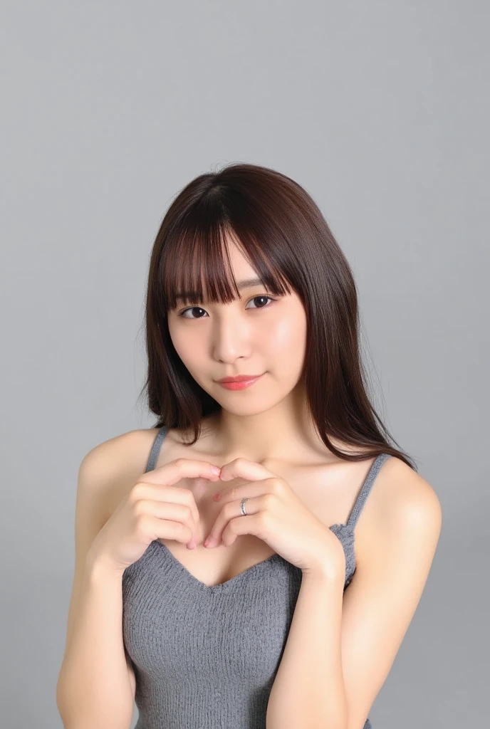 She is in a pose wearing a sexy camisole, making a firm big heart shape with both hands, and holding it in front of her chest, Cute smile up、Monotone background

