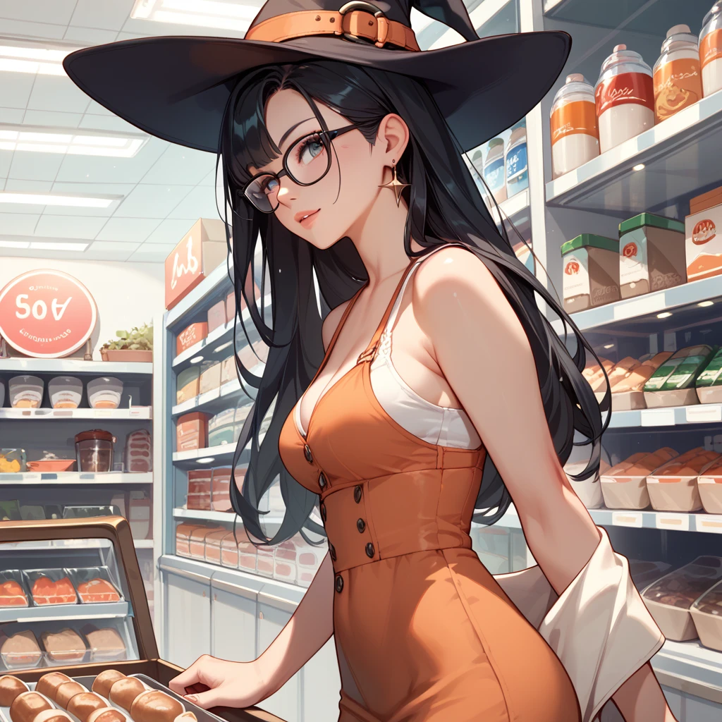  1 girl, witch,Black Hair, long hair,Glasses,Shop,General store,Small items,Salesperson