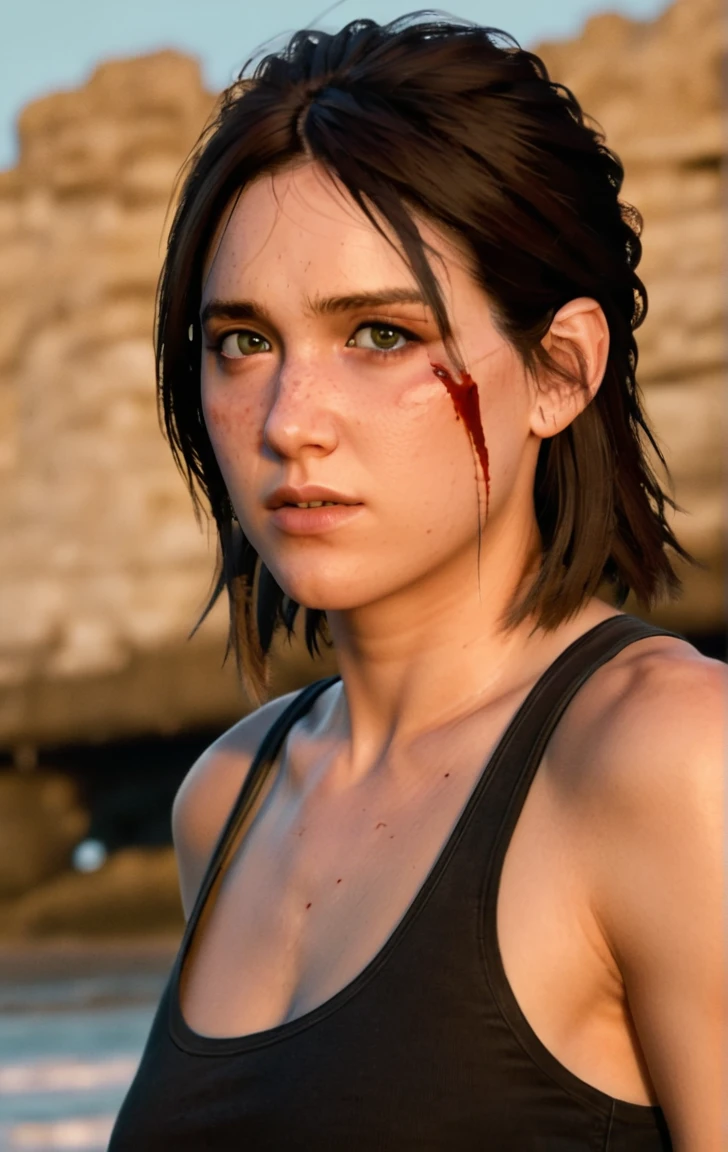 photo of ohxw, ellie, tattoo on left arm, woman, black jeans, close up, , meduim length hair, face details, low key lighting, blood on her face. Sexy face. Ribbed Tank top black .at the beach
