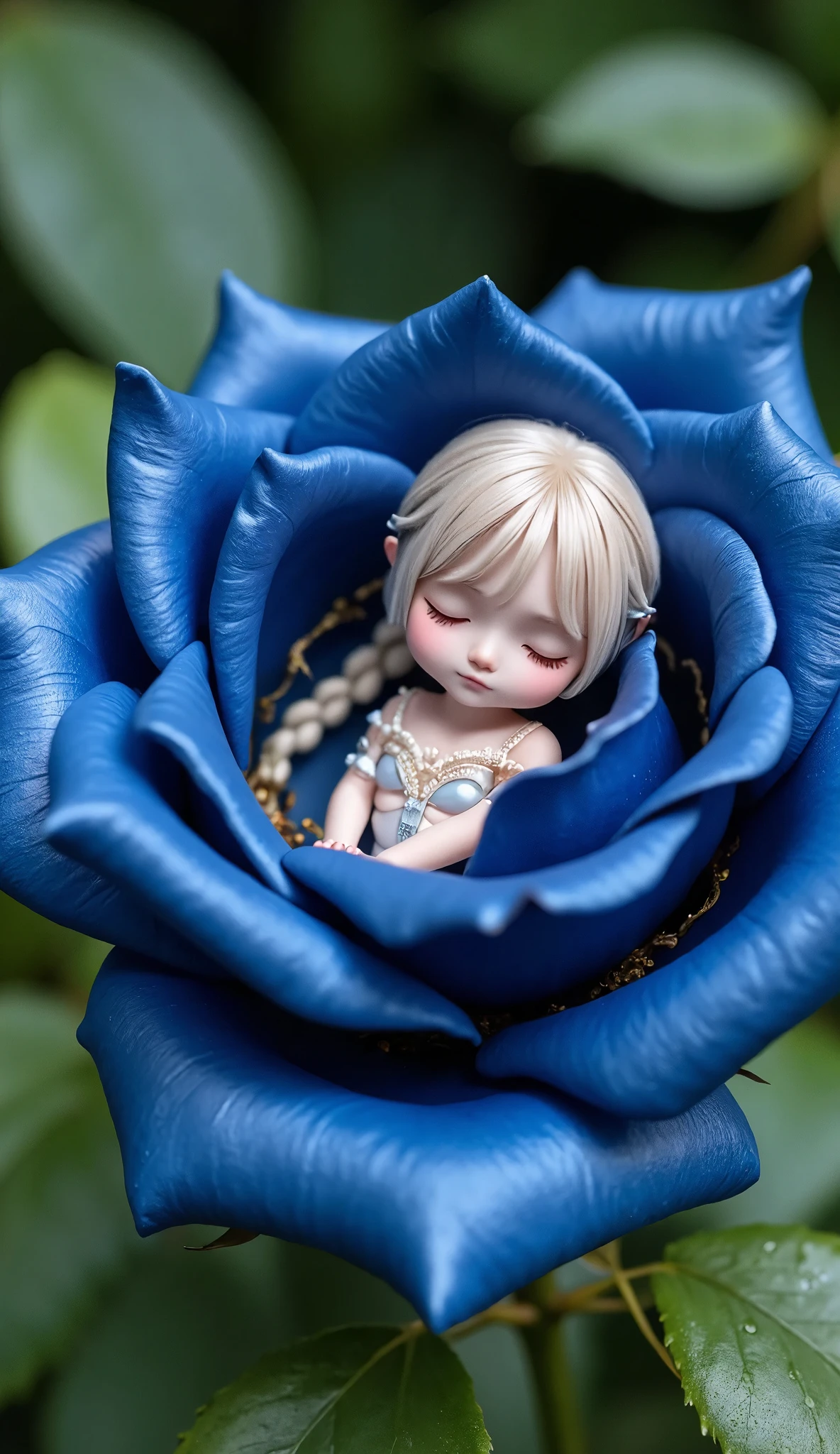  Highly Detailed Dark Blue Rose、 A fairy is sleeping inside a rose flower、(((A fairy in perfect microcosm 、 pay attention to the size of the fairy )))、((( perfect anatomy、  fairy、Cute sleeping face、The Fairy Who Sleeps Round 、 hair with braids、cute petal clothes:1.5、Full body angle:1.37)))、Mysterious、Morning Dew、