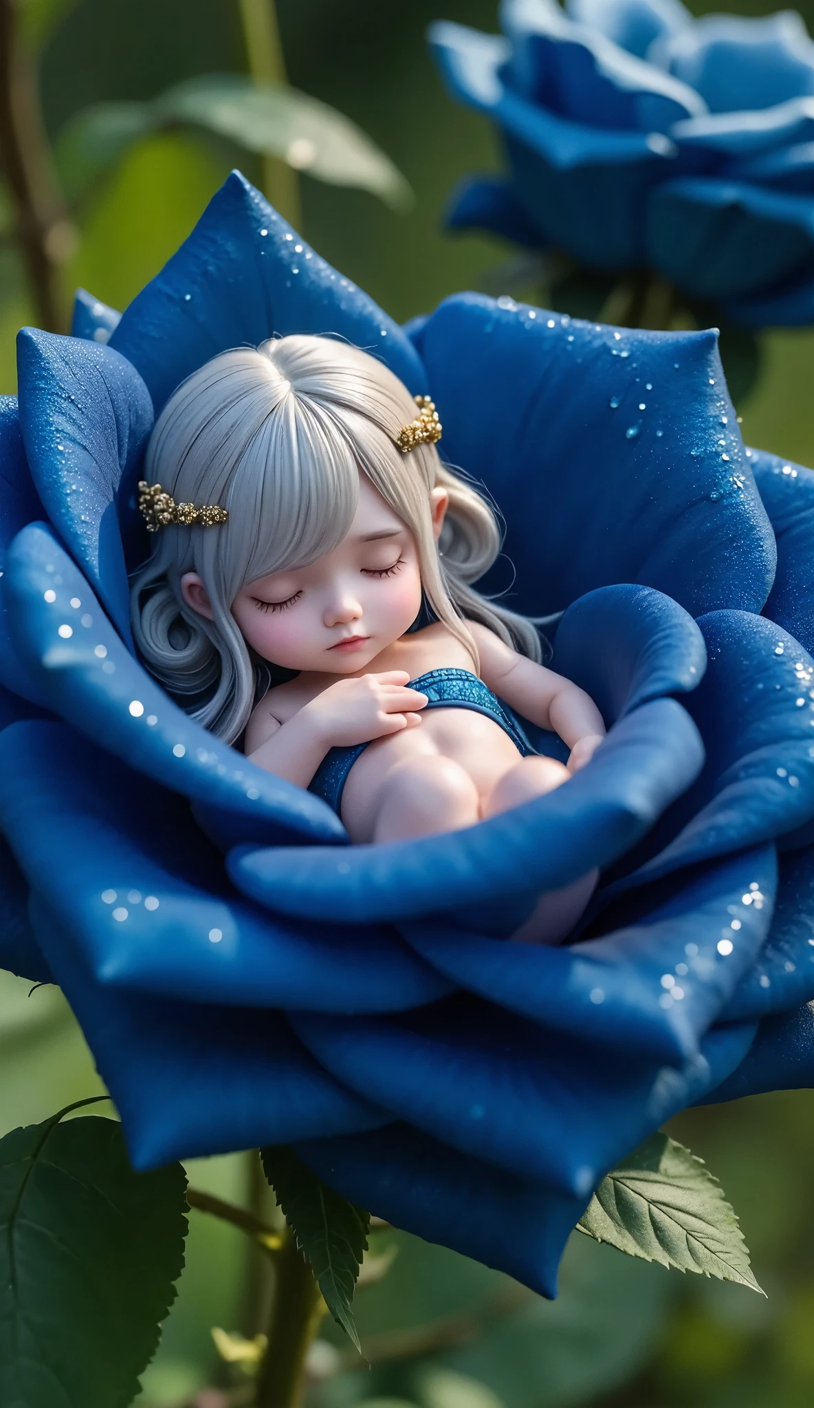  Highly Detailed Dark Blue Rose、 A fairy is sleeping inside a rose flower、(((A fairy in perfect microcosm 、 pay attention to the size of the fairy )))、((( perfect anatomy、  fairy、Cute sleeping face、The Fairy Who Sleeps Round 、 hair with braids、cute petal clothes:1.5、Full body angle:1.37)))、Mysterious、Morning Dew、