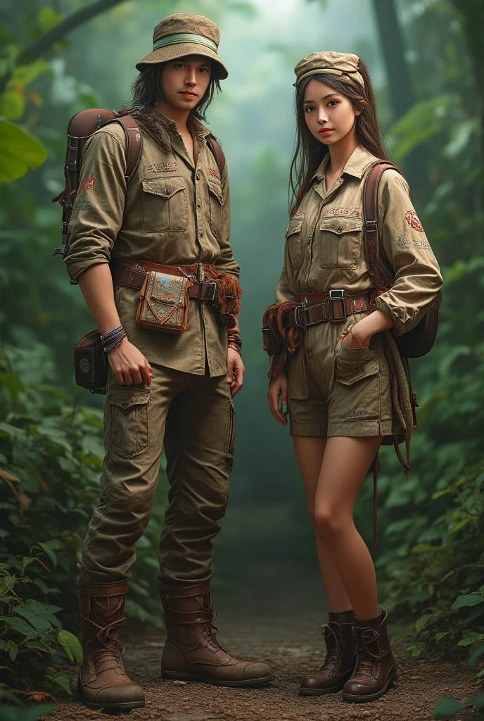 A Jungle Explorer costume that a realistic 8-head tall male and female game character. showing the entire body from hat to shoes. One male and one female. They are no , no teen-age. And They didn't wear crossbody bags. They didn't even wear skirts or coats.