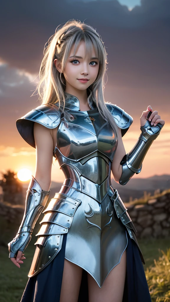 
((masterpiece)), ((best quality)), (ultra-detailed), ((kawaii)), cute, (lovely), ((extremely detailed)), 4K, (8K), best quality, (beautiful), illustration, brave female, warrior in medieval armor, standing on a battlefield, a sword in hand and a shield by her side, a dramatic sunset in the background, light smile, blush, (beautiful gray hair), (beautiful hair), beautiful blue eyes, (beautiful eyes),