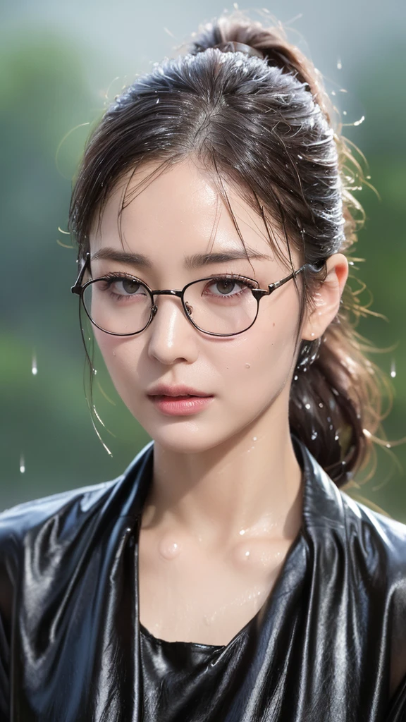 (top-quality、4K、​masterpiece:1.3)、Beautuful Women、1 female、(breastsout、Attractive body:1.2)、abdominals:1.1、dark brown hair:1.1、Pony tail、(rainy wet、Wet in the rain、Wet body:1.2)、Ultra-detailed face、Detailed lips、A detailed eye、二重まぶた、eye glass、Slightly round face