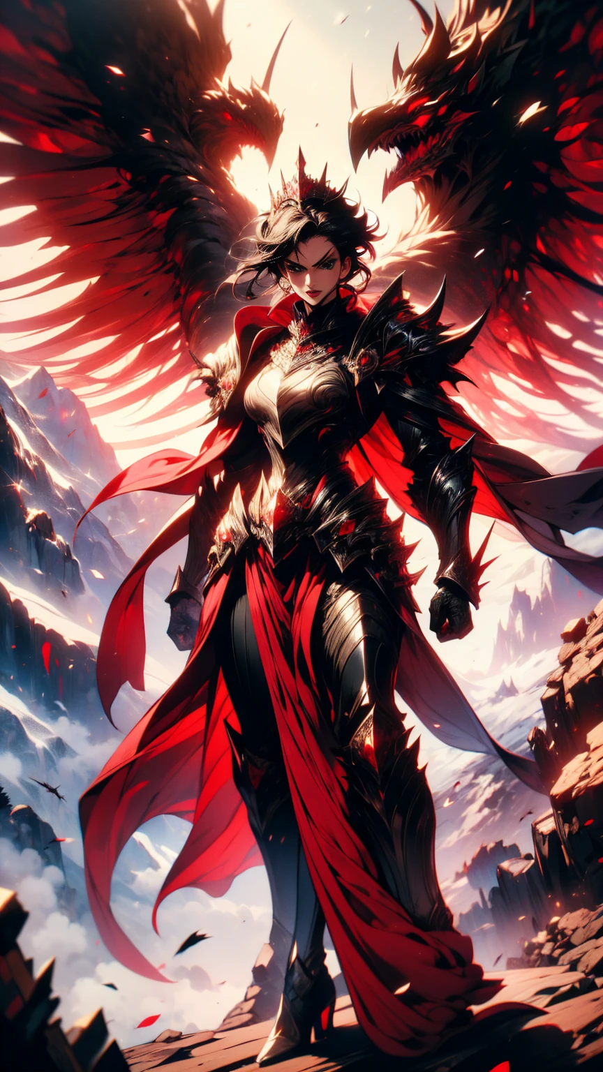 masterpiece,  high quality, Super detailed,  wallpaper, woman,  Black Armor with Black and Red Details, 下から見たMr.子,  watching viewers in the winter mountains ,  healthy body,  High Heels with Black Spines , Black and Red Short Crown of Thorns , Very short black hair,  blue eyes , Red lips, Black eye makeup,  Black Cape with Black Embroidery , Angry expression, Wonderful, Mr.々A pose, Armor handbag