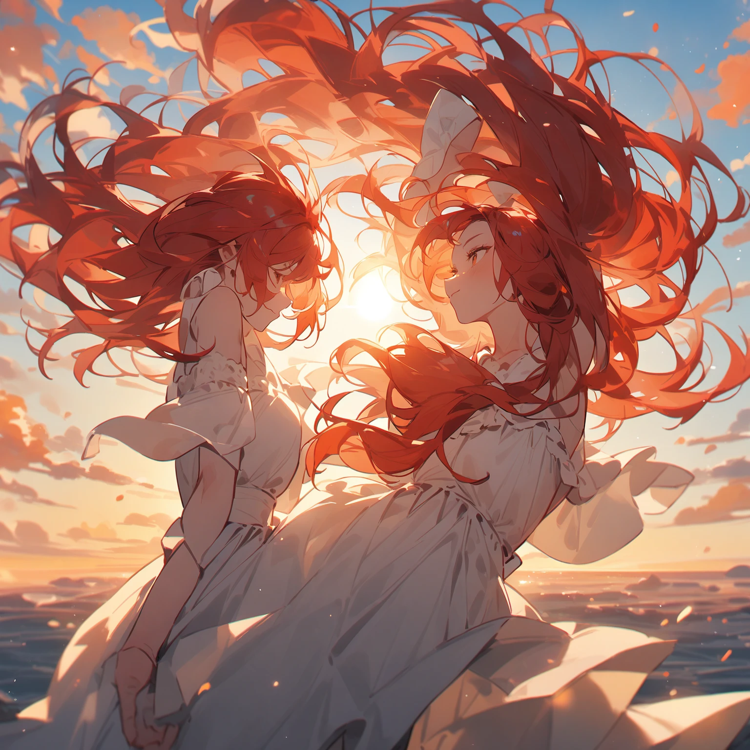 red-haired woman, sun