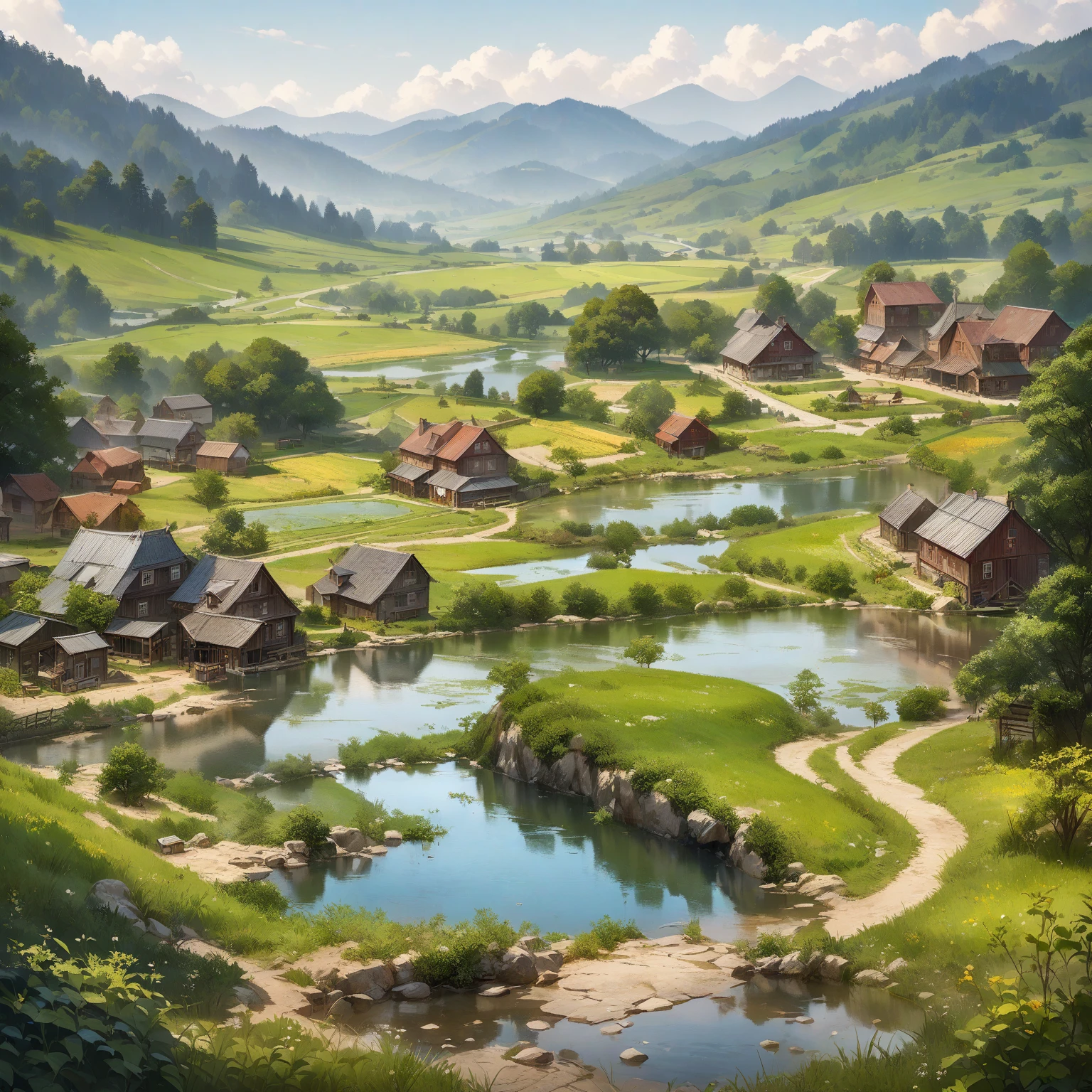 With the American farm as the background, digital painting creator Dai Jin's illustrations depict an anime-style rural landscape with pure colors and rich details, which is very beautiful and full of artistic sense. The details of the house and pond in the picture are rich and realistic, showing the effect of real oil painting, which is amazing. (farm, American scene, anime rural landscape, digital painting, rich details, oil painting effect, artistic sense)