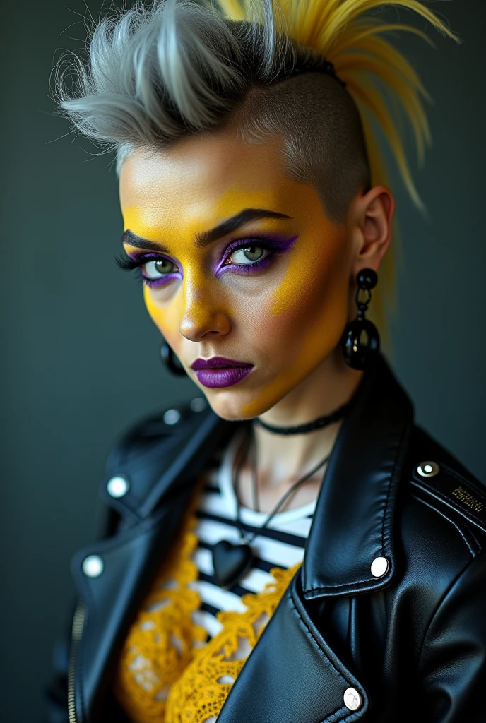 A striking close-up photograph of a rebellious woman who challenges social norms with her unique style and bold appearance. Her gray mohawk with yellow highlights is framed around her face, which is adorned with yellow face paint and striking purple eye makeup. She wears a shiny black leather jacket paired with a striped shirt with intricate gold lace. Accessories include a dark heart pendant and a round earring. Soft lighting creates an ethereal ambiance, accentuating the textures of leather and lace. The composition, with its cold and contrasting colors, captures the individuality and charming essence of this maverick rebel.