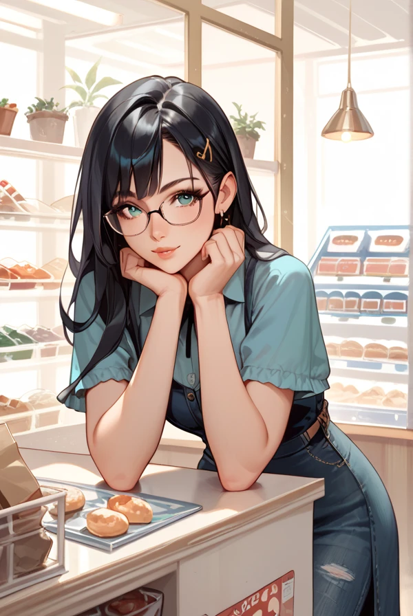  1 girl, witch,Black Hair, long hair,Glasses,Shop,General store,Small items,Salesperson