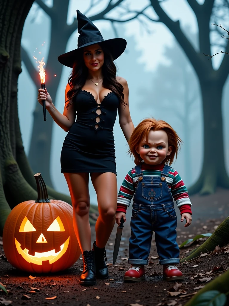 A spooky Halloween scene in a mysterious forest at night, with fog creeping across the ground and dark, twisted trees in the background. Influencer Kelly, a young 25-year-old woman, with white but slightly tanned skin, long, wavy dark brown hair, green eyes and an athletic, toned physique with some volume, average height of 1.70, medium breasts and defined hips and large buttocks, strong legs and defined abdomen, is in the center, with long dark brown wavy hair, wearing an elegant and sensual witch costume: tight black dress with lace details, pointed witch hat and leather boots. Kelly strikes a confident and powerful pose, her piercing green eyes looking straight ahead as she holds a magic wand that emits an ominous glow at the tip. Next to her is the iconic Chucky doll, with a mischievous smile, messy red hair and his classic denim overalls and striped shirt. Chucky holds a knife in his hand, but stands in a way that seems more mysterious and disturbing than overtly threatening. Near them, a large carved pumpkin with a sinister face glows with a strange orange light, illuminating the scene. Shadows envelop the environment, with dry leaves scattered across the ground, and a feeling of suspense fills the air.