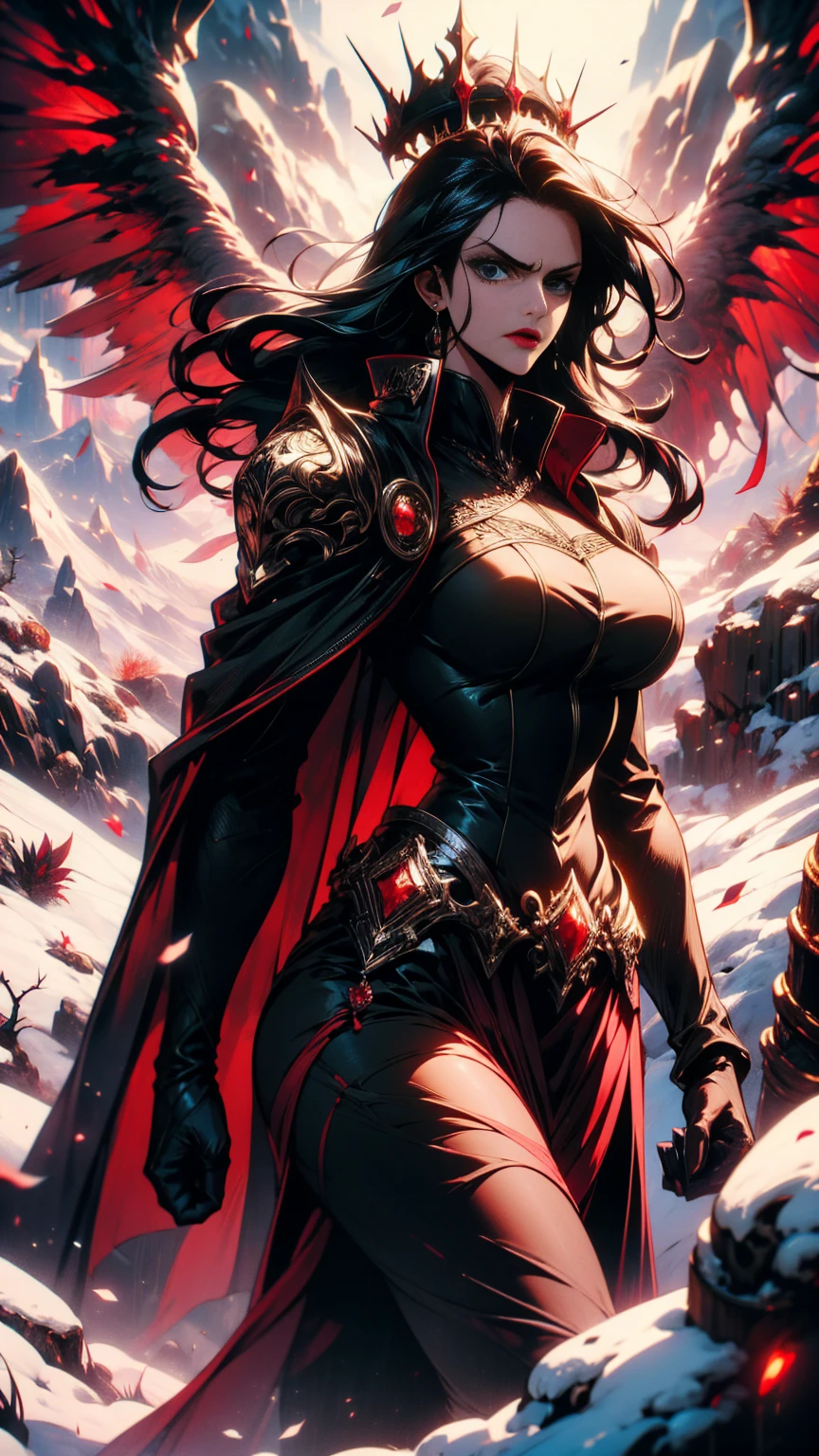 masterpiece,  high quality, Super detailed, wallpaper, woman, White armor with black and red details, 下から見たMr.子,  watching viewers in the winter mountains ,  healthy body,  High Heels with Black Spines , Black and Red Short Crown of Thorns , Very long black hair,  blue eyes , Red lips, Black eye makeup,  Black Cape with Black Embroidery ,  intimidating expression , Wonderful, Mr.々A pose, Armor handbag、Nico Robin、one piece、Big Breasts、Showing Skin
