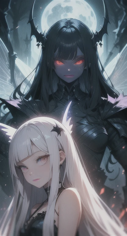 A woman who has made a pact with a demon, depicted with an aura of dark, eerie power. Her expression is a blend of fear and resigned determination, reflecting the gravity of her situation. Her eyes have a haunting, otherworldly glow, hinting at the demonic influence. Dark, sinister symbols or runes might be visible on her skin or clothing, marking the pact. Her attire is a mix of tattered elegance and dark, supernatural elements, and the background is shrouded in ominous, shadowy mists with subtle, infernal details like demonic sigils or fiery glows