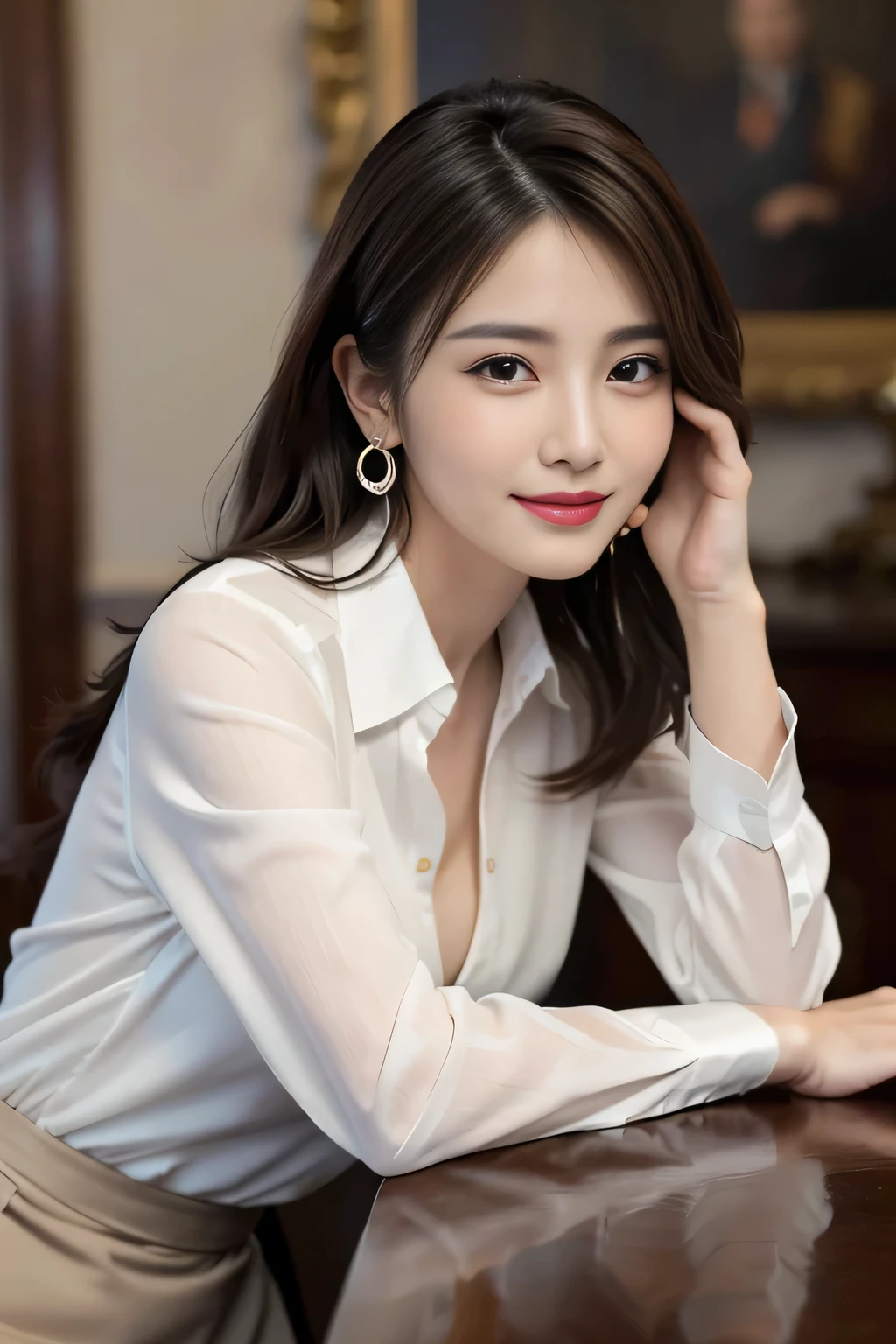 (8k, best quality, masterpiece:1.2), (Practical, photo-Practical:1.37), Super detailed, 1 girl,Lovely, Solitary,Beautiful and detailed sky,Detail of cafe,night,sitting,Dating,(nose blushing),(Smile:1.15),(Shut up) Small Breasts,Beautiful and delicate eyes,(Collared shirt:1.1), night, wet,business attire, rain,White lace, (short hair:1.2),Flowing HairNovaFrogStyle,
