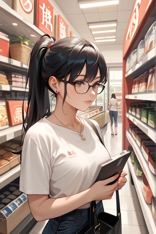  1 girl,Black Hair, long hair, ponytail,Glasses,Shop,General store,Small items,Salesperson, anime style, 