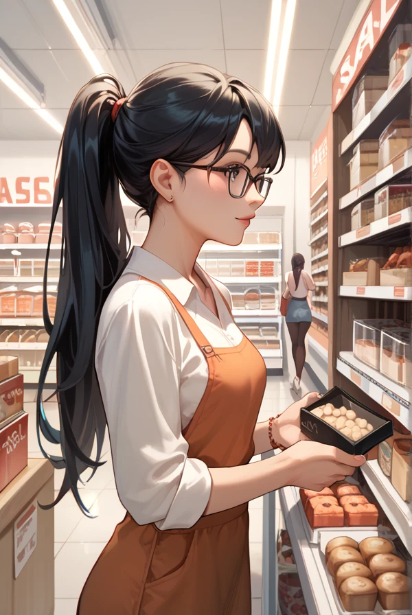  1 girl,Black Hair, long hair, ponytail,Glasses,Shop,General store,Small items,Salesperson, illustration, 