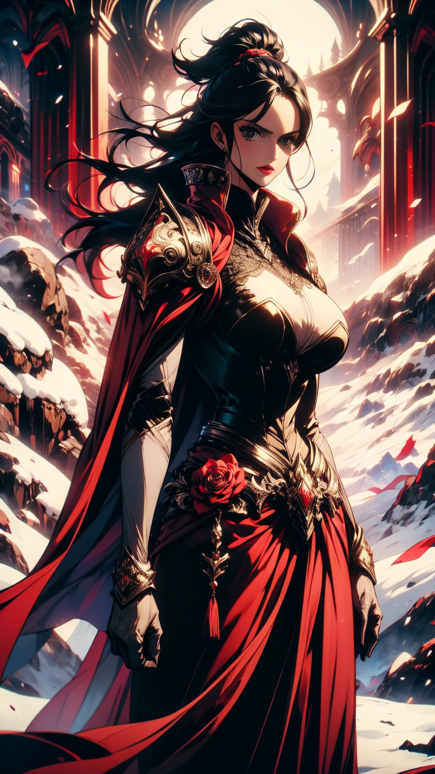 masterpiece,  high quality, Super detailed, wallpaper, woman, white armor with black and white details, 下から見たMr.子,  watching viewers in the winter mountains ,  healthy body,  High Heels with Black Spines , , Very long black hair,  blue eyes , Red lips, Black eye makeup,  Black Cape with Black Embroidery , Cool look, Wonderful, Mr.々A pose, Armor handbag、Nico Robin、one piece、Big Breasts、Showing Skin