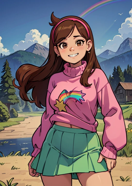 [Mabel], [Gravity Falls], ((masterpiece)), ((HD)), ((high res)), ((solo portrait)), ((waist-up)), ((front view)), ((detailed shading)), ((soft textures)), ((intricate details)), ((anime girl)), ((cinematic)), {attractive; (long brown hair), (cute dark-brown eyes), (large breast), (curvy hips), (beautiful legs), (cute grin), (silver braces on teeth)}, {(hot-pink knitted sweater with a rainbow printed on it), (green skirt), (hot-pink hairband), (diamond earrings)}, {(standing), (waving), (looking at viewer)}, [background; (grass plains), (sun rays), (blue sky), (clouds in sky), (ambient lighting)]