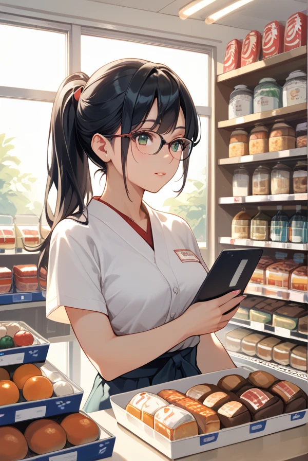  1 girl,Black Hair, long hair, ponytail,Glasses,Shop,General store,Small items,Salesperson, Japanese illustration style, 