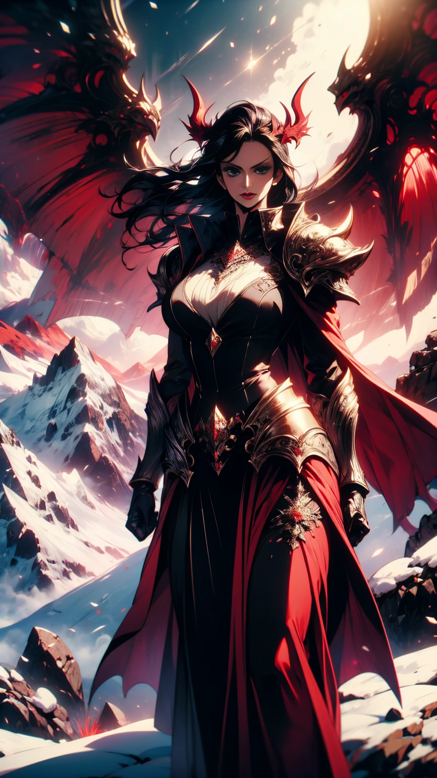 masterpiece,  high quality, Super detailed, wallpaper, woman, white armor with black and white details, 下から見たMr.子,  watching viewers in the winter mountains ,  healthy body,  High Heels with Black Spines , , Very long black hair,  blue eyes , Red lips, Black eye makeup,  Black Cape with Black Embroidery , Cool look, Wonderful, Mr.々A pose, Armor handbag、Nico Robin、one piece、Big Breasts、Showing Skin、The Devil's Four Wings