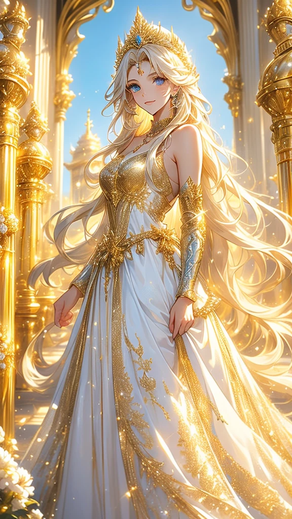 A young and beautiful female holy knight, graceful expression, long curly golden hair, deep blue eyes, wearing a sleeveless white armor adorned with gold and silver holy patterns, flowing long skirt with gold trims, golden tiara with gems, wearing a necklace of the Light Knight Order, standing in front of a holy temple surrounded by beautiful statues and lush flowers under a bright sunny sky.