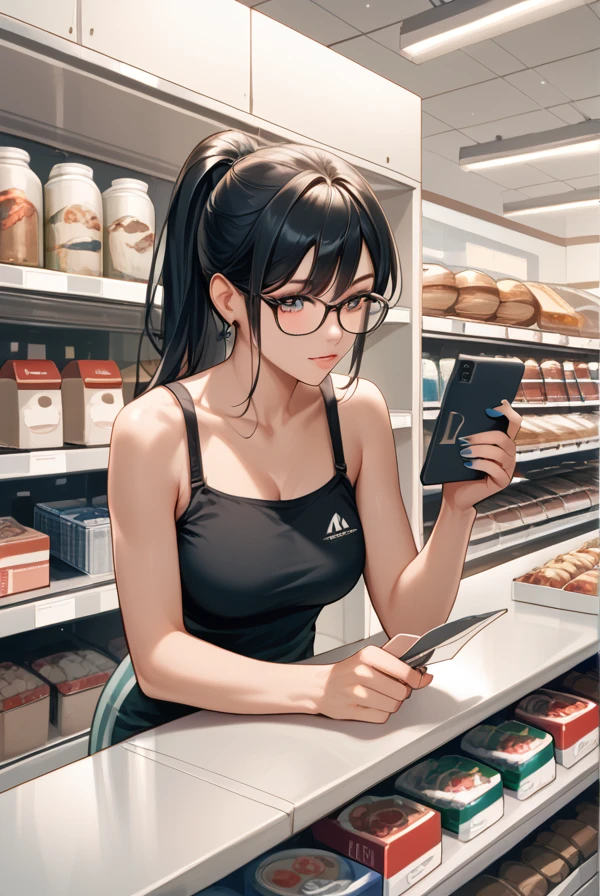  1 girl,Black Hair, long hair, ponytail,Glasses,Shop,General store,Small items,Salesperson, action painting , 