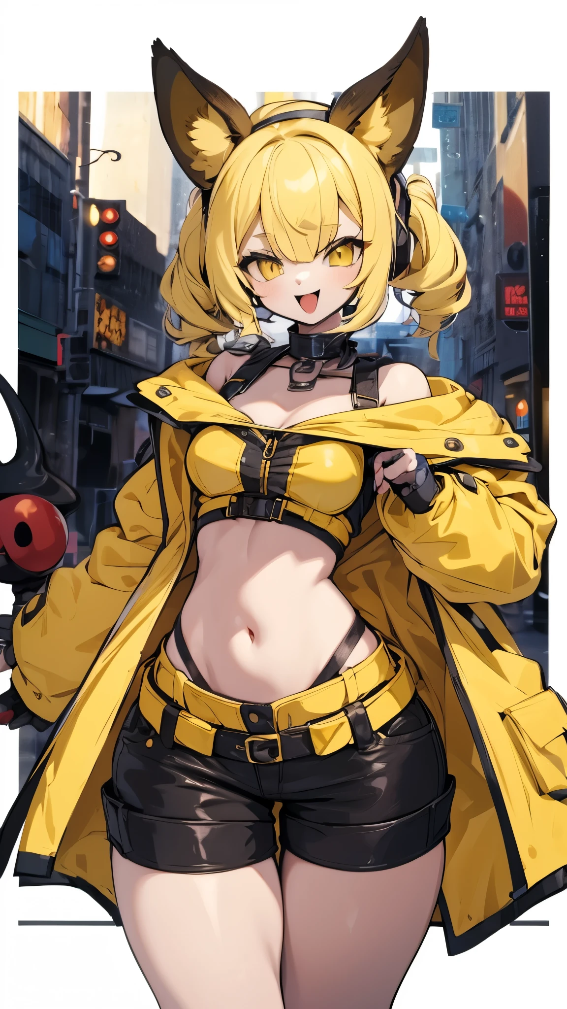 Female little devil laugh ，laugh at， Anime Avatar Style Composition， Closeup Above Waist，Yellow Hair，Yellow Hair，Yellow Hair，Yellow Dog Ears ， Yellow Dog Ears ， Dog Ears Folded Ears ，Dog Girl， Idol Style ，Colorful coat，Colorful coat，Black leather shorts，Black Hot Pants ，Punk style，Wasteland style，Ragged background，Ruins Background，Navel，Off-shoulder dress， Thick Thighs ，Thin waist and wide hips，****