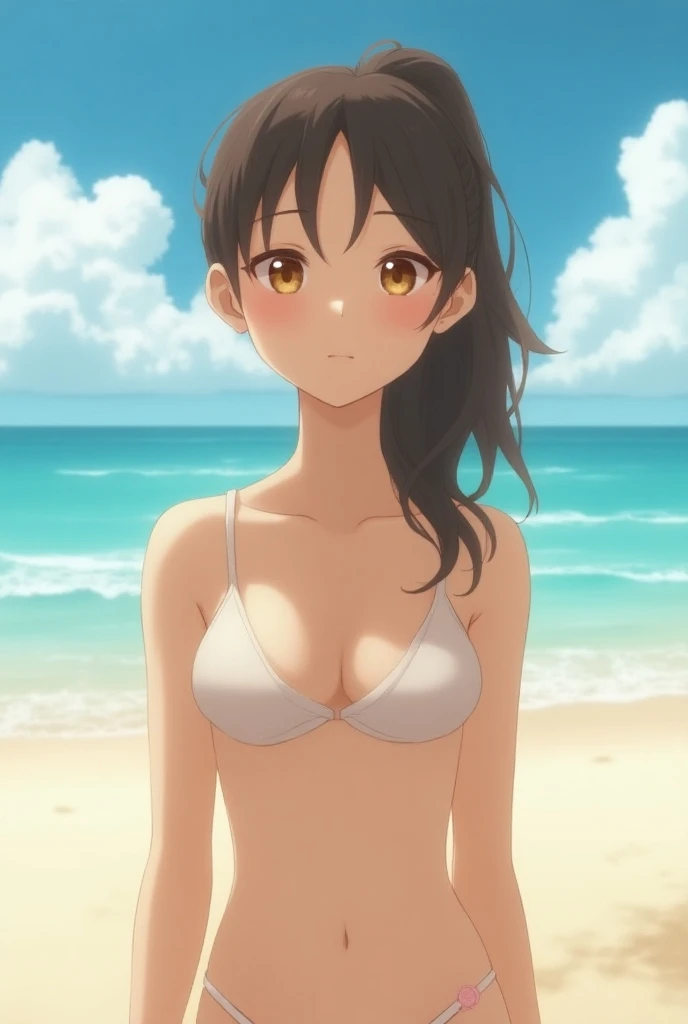sayuogiwara, sayu ogiwara, brown hair, (brown eyes:1.5), medium hair, (Running on the beach)、{Are standing}、{{white bra}},{{white lace panties}}, whole body, NSFW, (With a smile)、