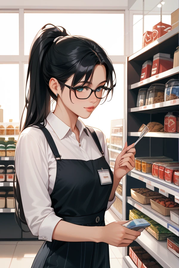  1 girl,Black Hair, long hair, ponytail,Glasses,Shop,General store,Small items,Salesperson,Socialist Realism, 