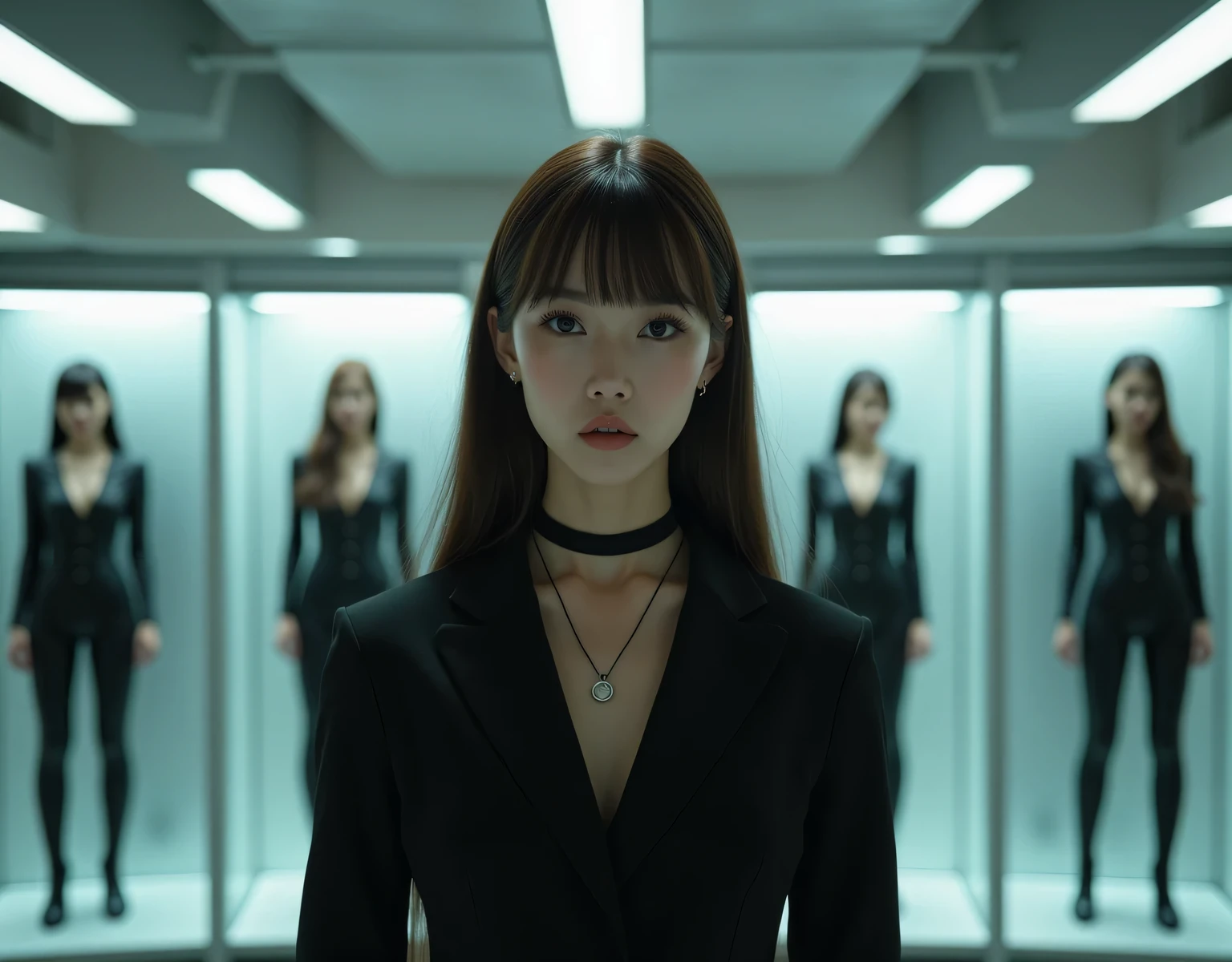 (8k、born、professional、Best Quality、masterpiece:1.2)、photograph、SF, Surreal、(Genuine、 photorealistic:1.37)、Super detailed、In a bright military barracks, beautiful women stand on a pedestal in a glass case on the wall, they are dressed like tight and charming spies , Their expressions are cold and emotionless, On the side、There are other women who stand on pedestals., In front of them 、There is a woman in a suit, Realistic Face, Surreal images, Realistic Skin, close-up image view 、Big Breasts, (( Layered Haircuts )), Slender body, Slim face,Shooting from a medium distance, Adorable, smile, Long brown hair,(( black choker))、 Almond Eye、bangs、 very thick and long eyelashes , perfect makeup