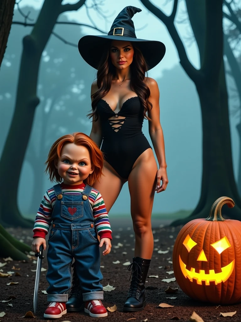 A spooky Halloween scene in a mysterious forest at night, with fog creeping across the ground and dark, twisted trees in the background. Influencer Kelly, a young 25-year-old woman, with white but slightly tanned skin, long, wavy dark brown hair, green eyes and an athletic, toned physique with some volume, average height of 1.70, medium breasts and defined hips and large buttocks, strong legs and defined abdomen, is in the center, with long dark brown wavy hair, wearing an elegant and sensual witch costume: tight black dress with lace details, pointed witch hat and leather boots. Kelly strikes a confident, powerful pose, her piercing green eyes looking straight ahead. Next to her is the iconic Chucky doll, with a mischievous smile, messy red hair and his classic denim overalls and striped shirt. Chucky holds a knife in his hand, but stands in a way that seems more mysterious and disturbing than overtly threatening. Near them, a large carved pumpkin with a sinister face glows with a strange orange light, illuminating the scene. Shadows envelop the environment, with dry leaves scattered across the ground, and a feeling of suspense fills the air, in close-up