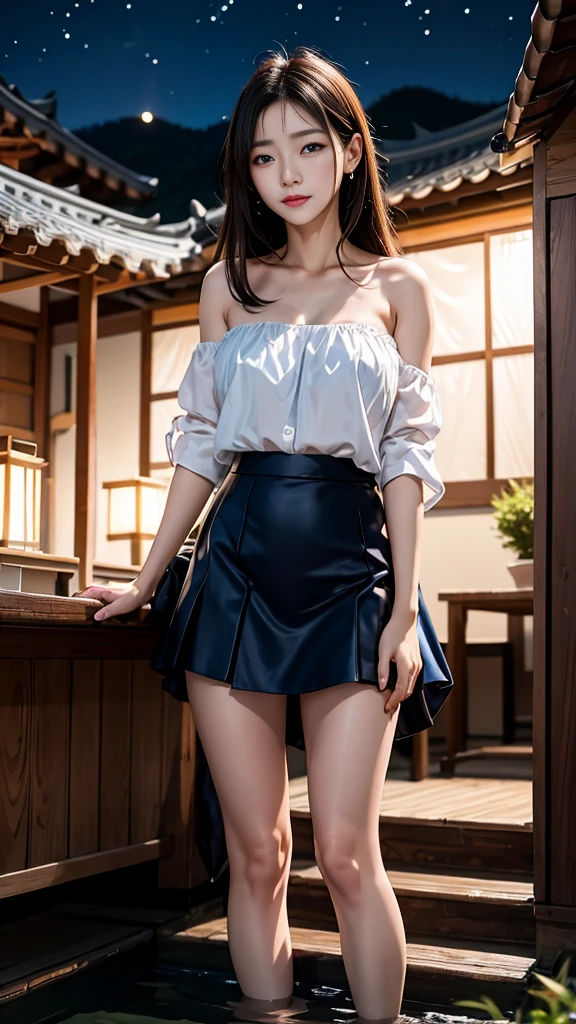 South Korea, 1 Girl,  unique, skirt, 涉water, Star \(symbol\), Long hair, skirt, water, white skirt, Bare shoulders, Sky, night, Luminescence,  blue eyes,  to a standing, side,  bare arms, shine, Strapless, Weaving, Star \(Sky\), Strapless skirt, 从side, Outdoors, night Sky, Looking aside  