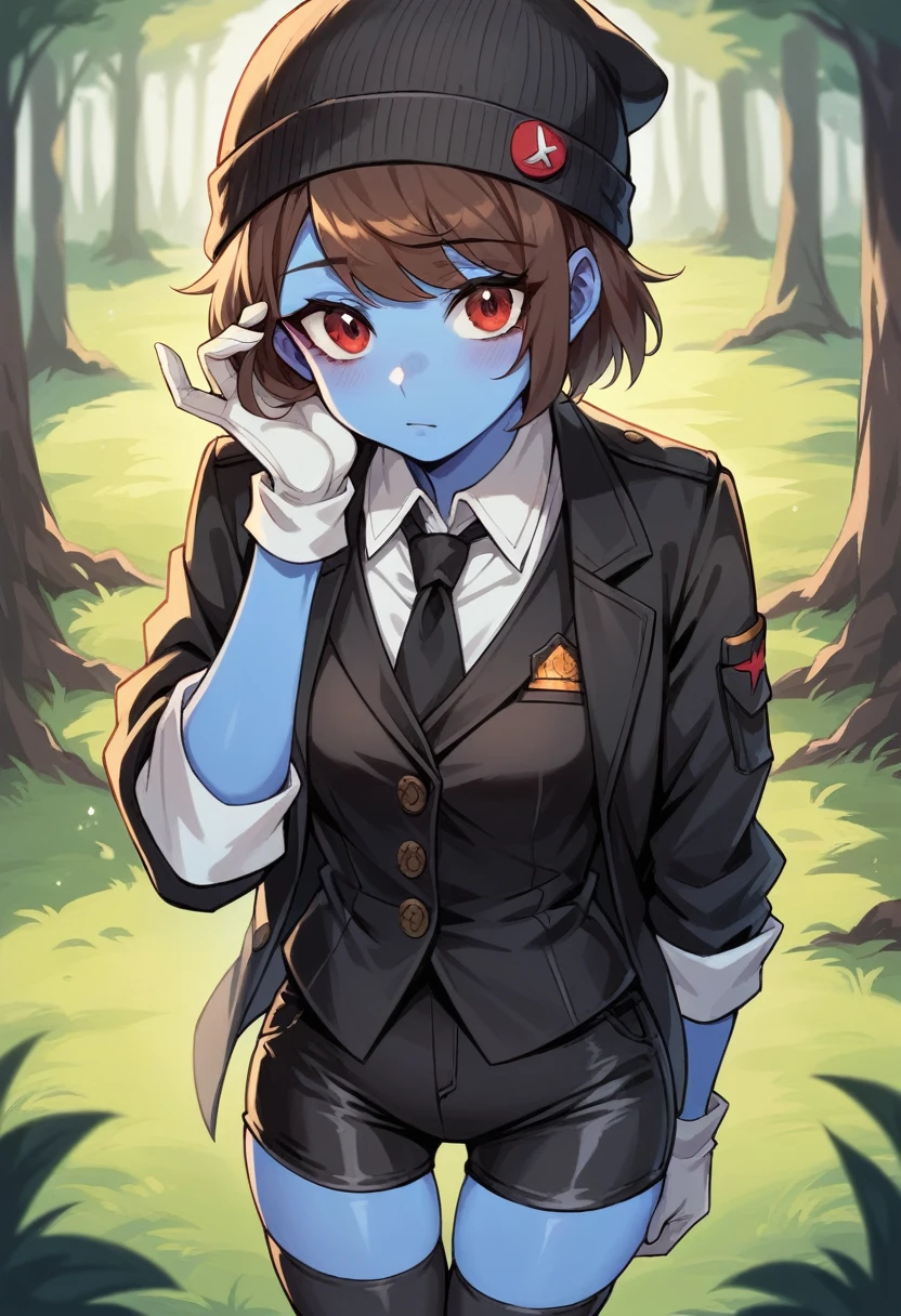 1girl, short brown hair, brown eyes, Red eye shadow, Blue skin, wearing a White shirt with Black tie, Black Suit Jacket, Black Suit Vest, Black Thigh high Socks, White gloves, Spandex Shorts, black Spandex Shorts, wearing a black beanie hat, Forest, absurdres, high res, 8K, masterpiece, looking at viewer, shy, cute face