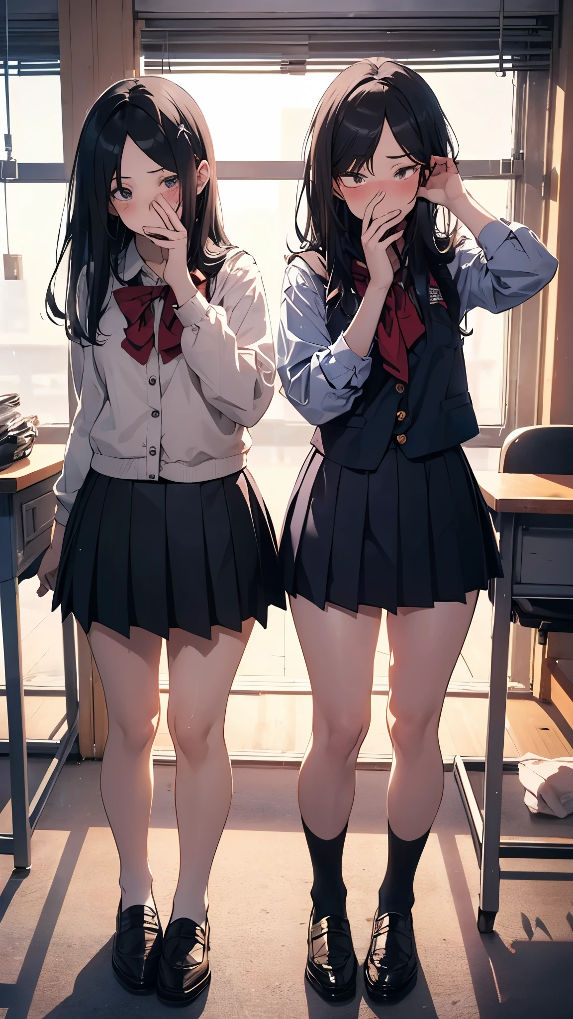 ((2 girls:1.5))、laughter、blush、shirt、のskirt、、((fun!))(small breasts)、chiralism、black hair、()、(黒いskirt:1.3)、bow, button, 襟の付いたshirt, long sleeve, マイクロskirt, プリーツskirt、(Jacket)、 skirt, socks, thighs, 白い shirt, ((classroom:1.5)),(skirtを掴む:1.5)、 (perfect hands, perfect anatomy),cowboy shot、(skirt lift:1.3),(highly detailed white panties:1.3)、(highly detailed panties:1.3)、、(skirt that rolls up:1.3)、(fully exposed panties:1.5)、